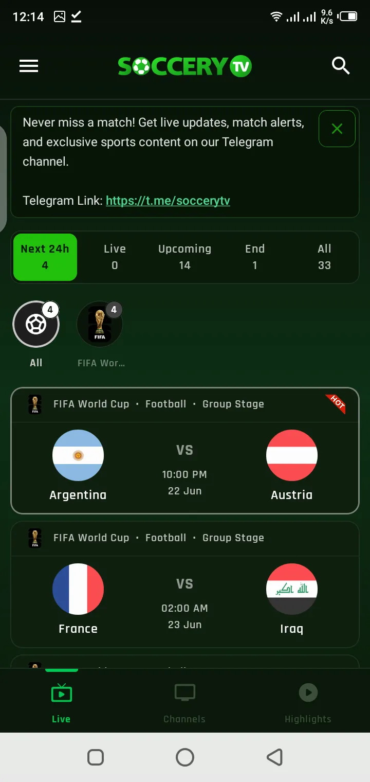 Soccer TV HD APK interface