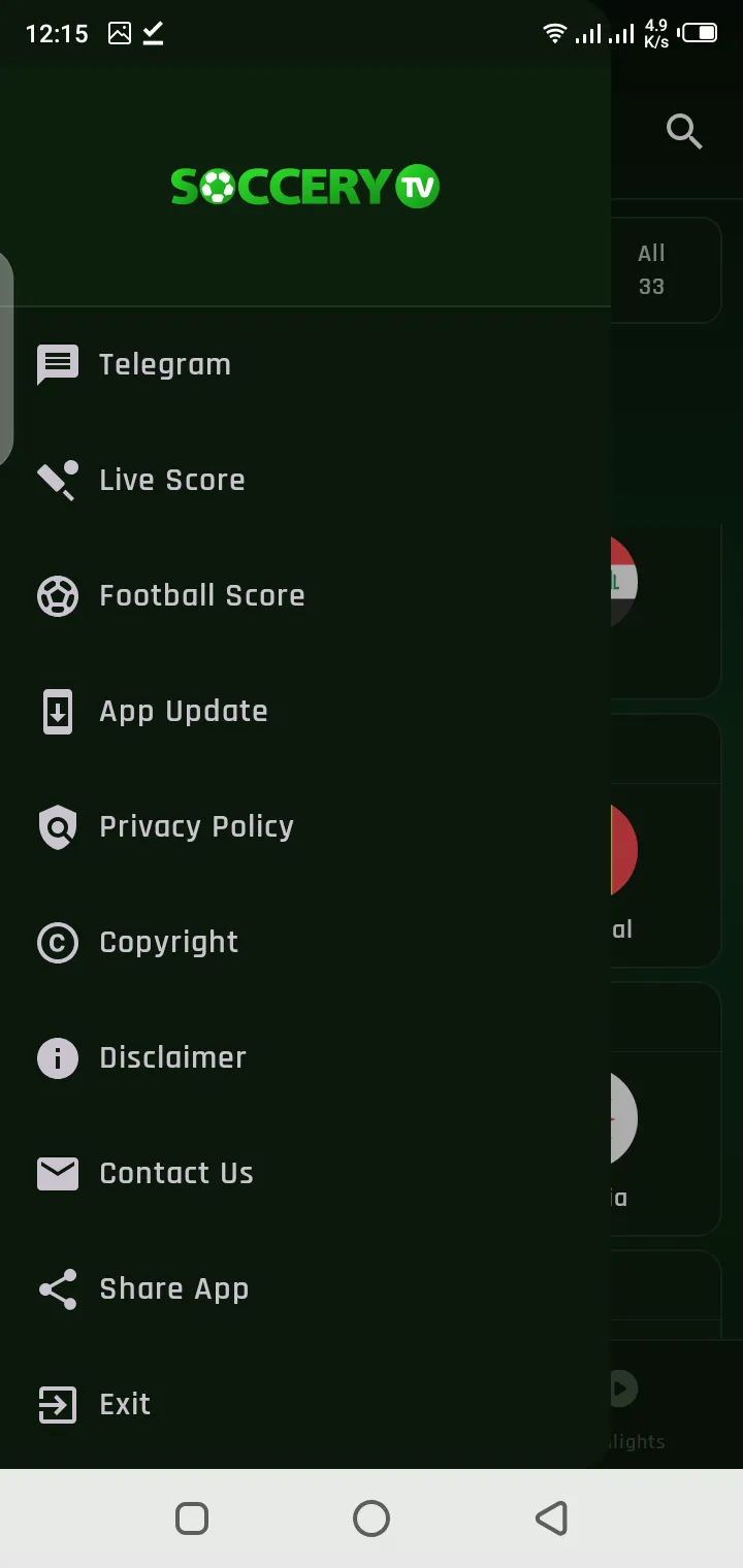 Soccer TV HD app browsing